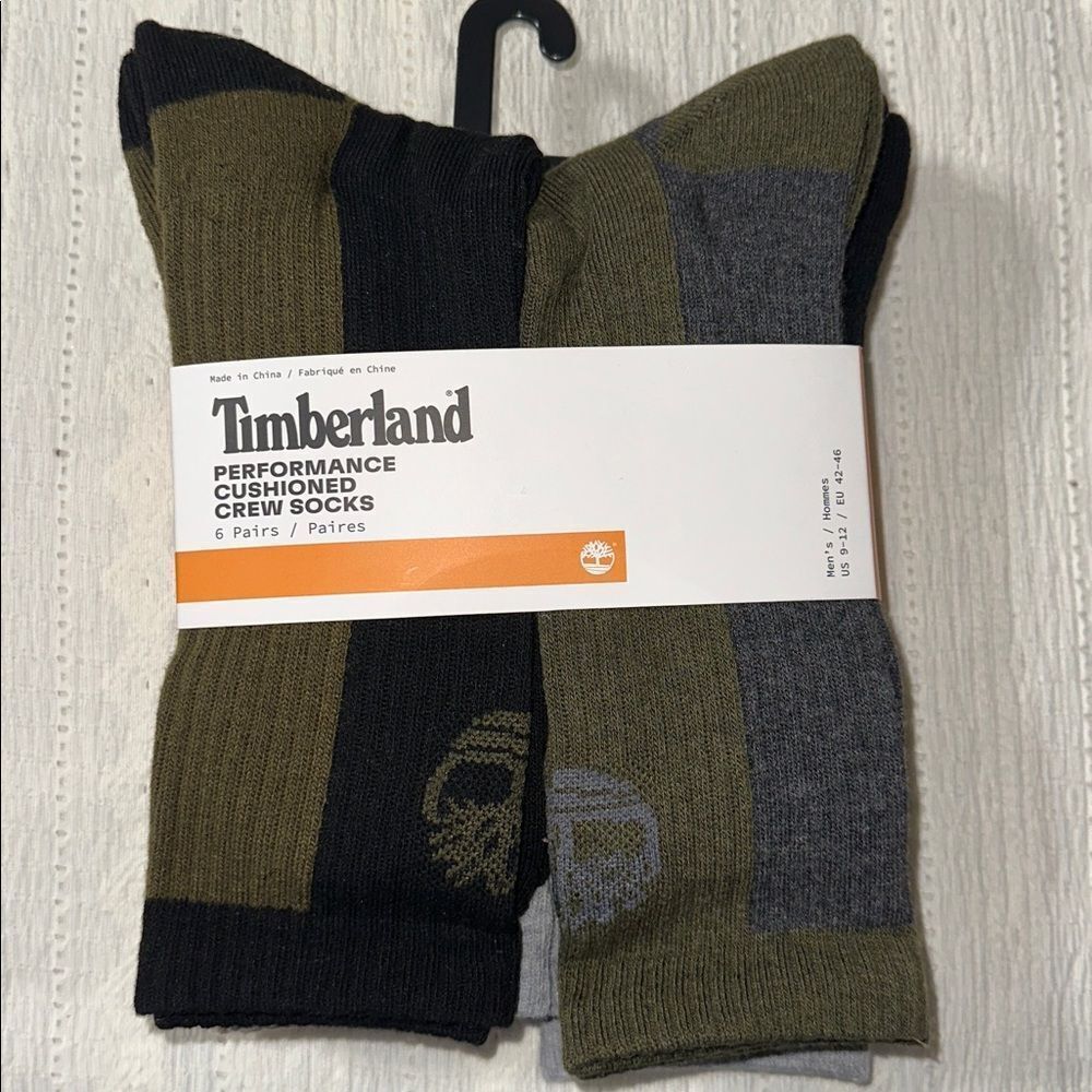 Timberland L 9-12 Silver Gray Green Black Performance Cushioned Crew Socks 6 pk